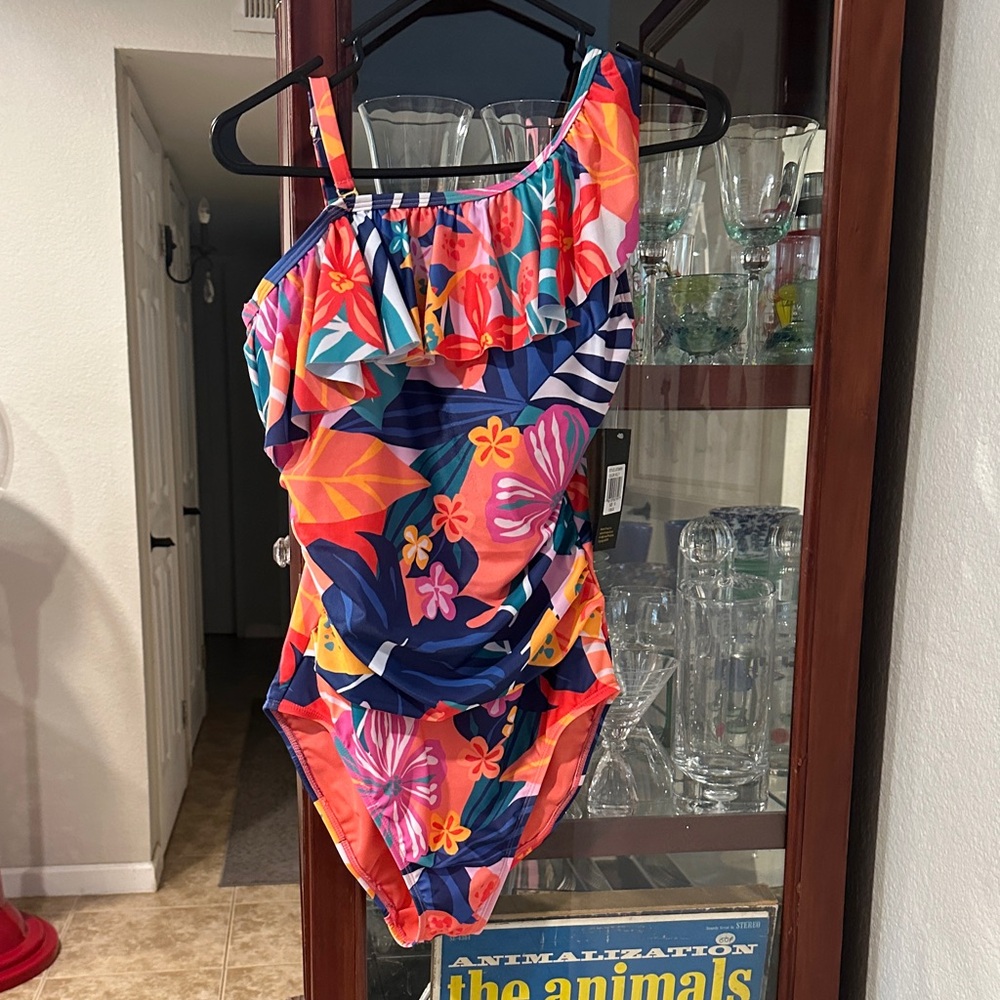 Kathy Ireland One Piece, One Shoulder Floral Ruffle-Swimsuit
